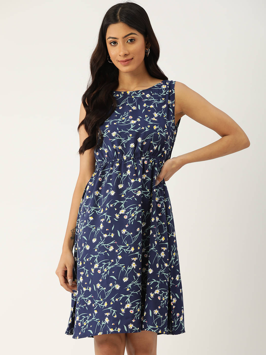     			Quinoa Women Chiffon Printed A-line Dress ( Blue )