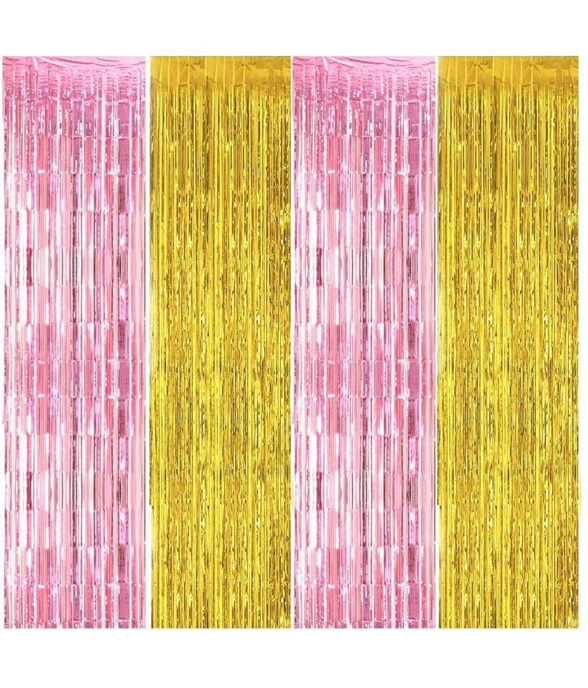     			Kiran Enterprises 4 pc. Foil Fringe Curtain ( Pink, Gold )