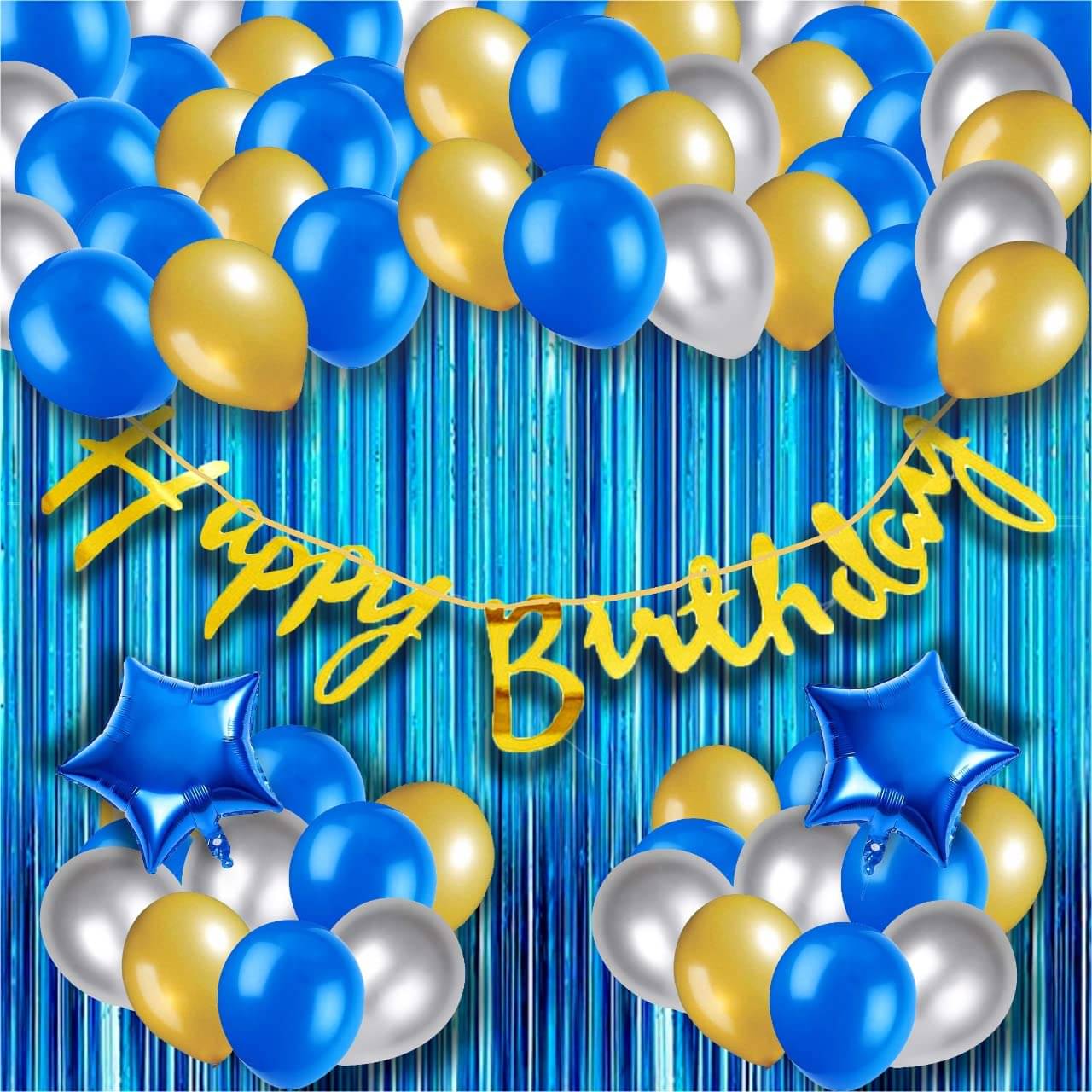     			Kiran Enterprises Cursive  Happy Birthday Banner ( Golden ) +2 Foil Star ( Blue ) + 2 Fringe Curtain ( Blue ) +30 Metallic Balloon ( Blue, Gold )