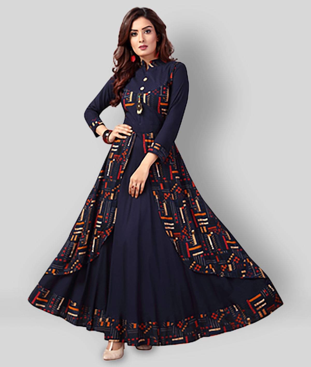 Madhuram Textiles - Blue Rayon Women's Double Layered Kurti ( Pack of 1 )     			Madhuram Textiles - Blue Rayon Women's Double Layered Kurti ( Pack of 1 )