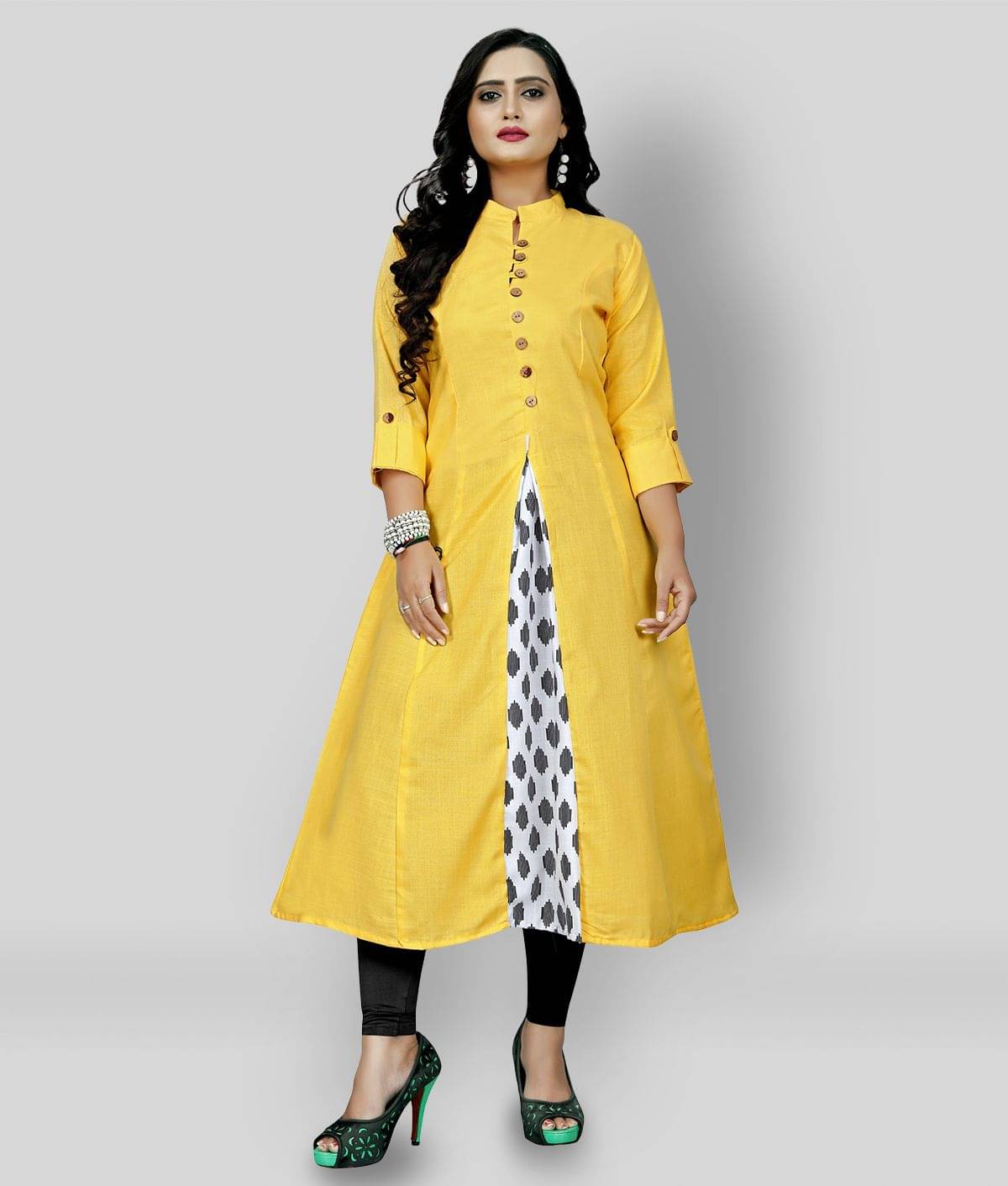     			Rangrasiya - Yellow Cotton Blend Women's Front Slit Kurti ( Pack of 1 )