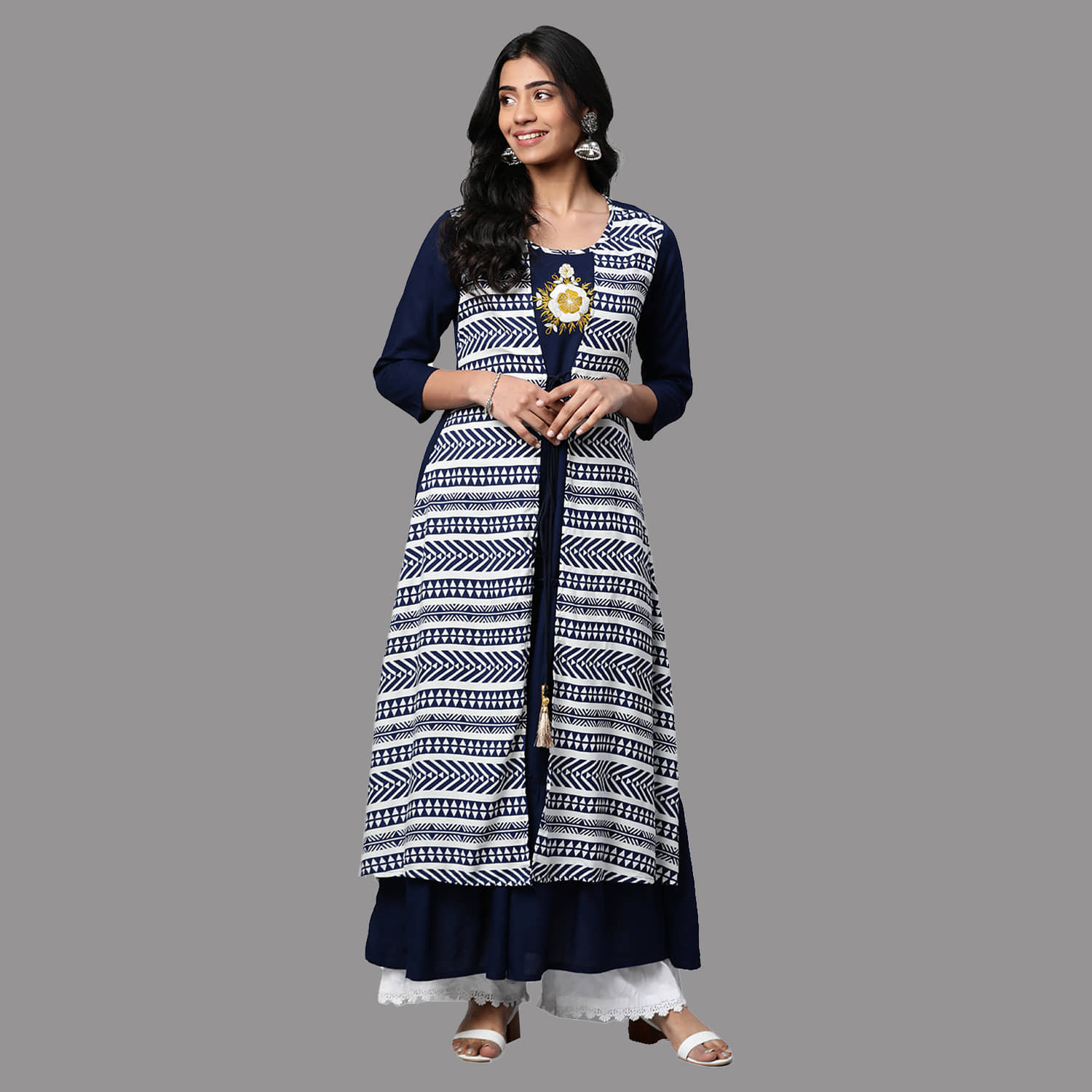 Yash Gallery - Blue Rayon Women's Jacket Style Kurti ( Pack of 1 ) - Kurtis, Tunics | Buy online on ZillyBuy
