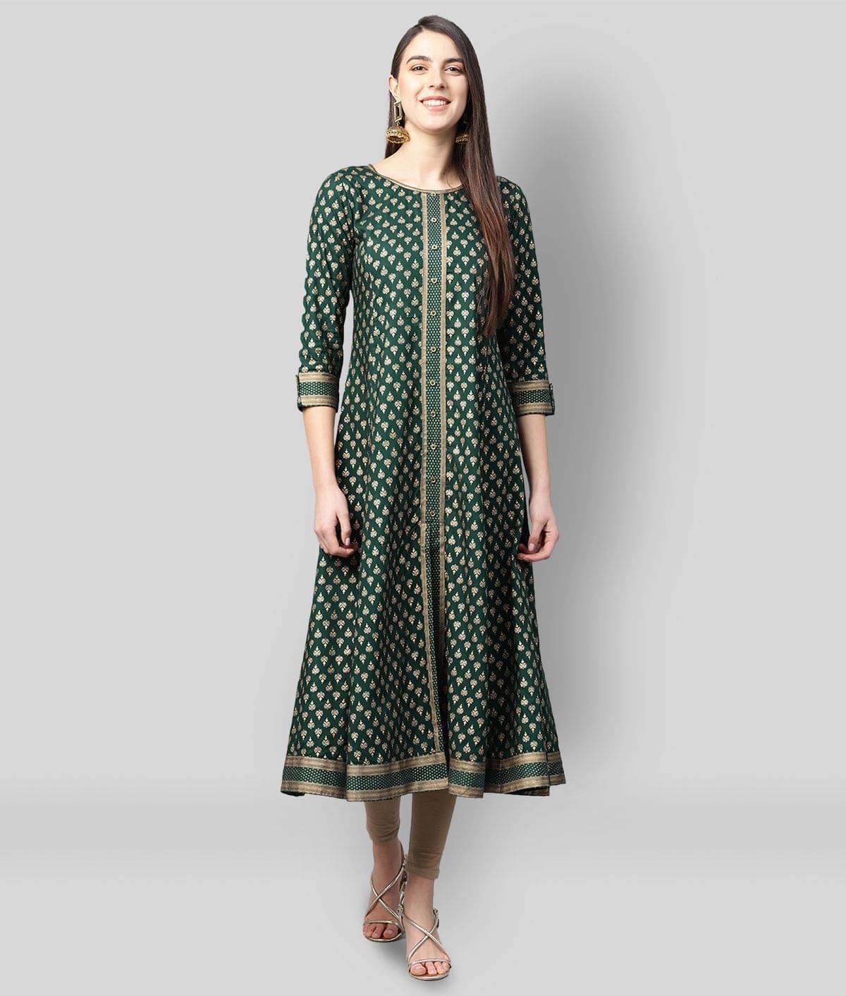 Yash Gallery Pack of 1 Rayon Printed Flared Women's Kurti - ( Green ) Yash Gallery Pack of 1 Rayon Printed Flared Women's Kurti - ( Green )