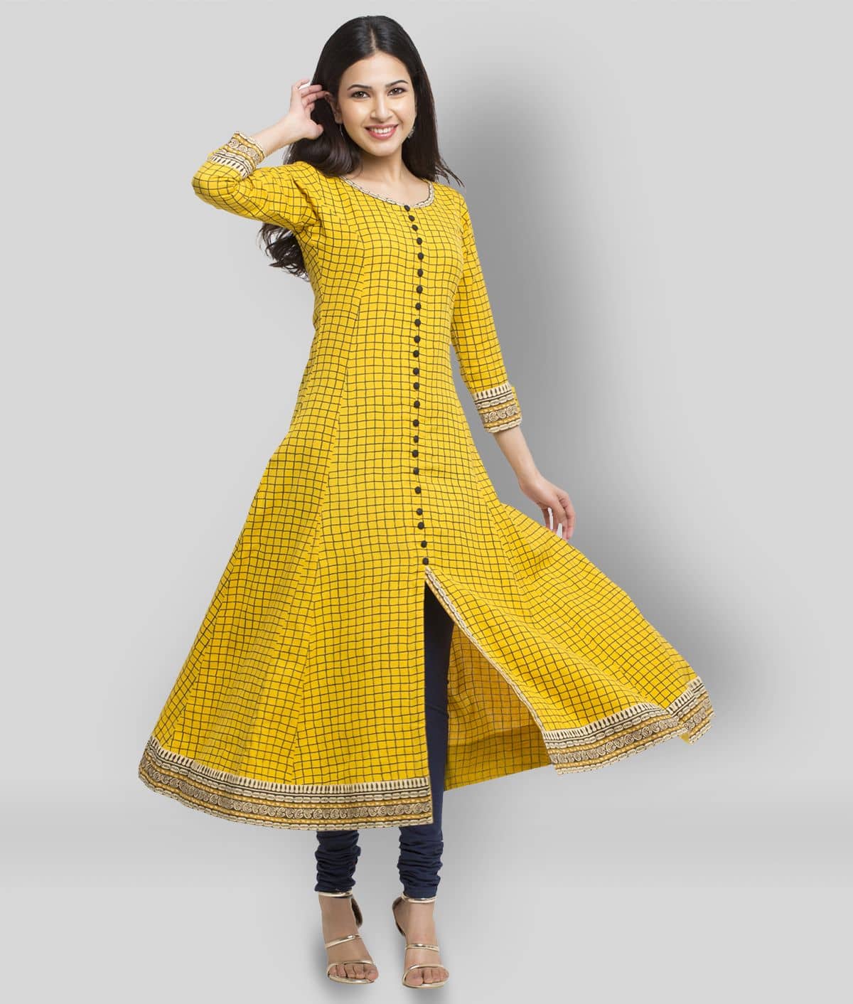 Yash Gallery Pack of 1 Cotton Blend Checks Front Slit Women's Kurti - ( Yellow ) - Kurtis, Tunics | Buy online on ZillyBuy