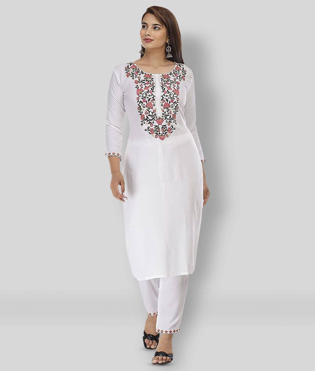     			G4Girl Women Rayon Embroidered Straight Kurti With Pants ( White )