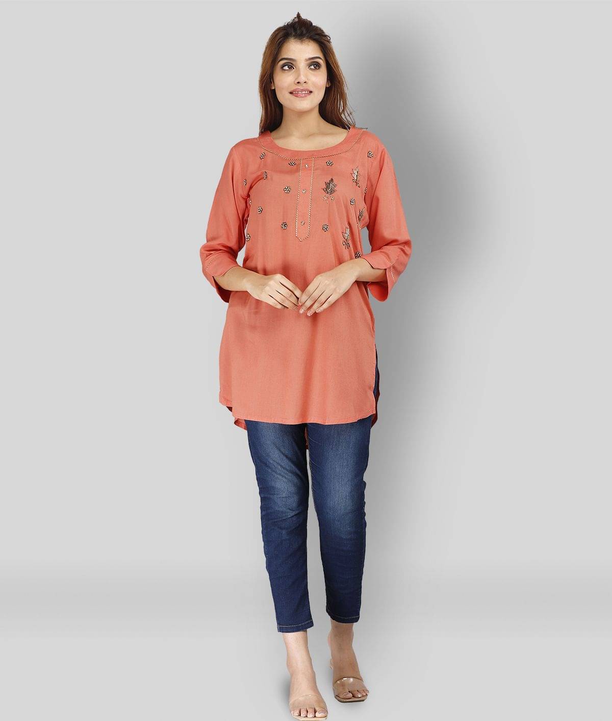 JC4U - Peach Rayon Women's Straight Kurti ( Pack of 1 )     			JC4U - Peach Rayon Women's Straight Kurti ( Pack of 1 )