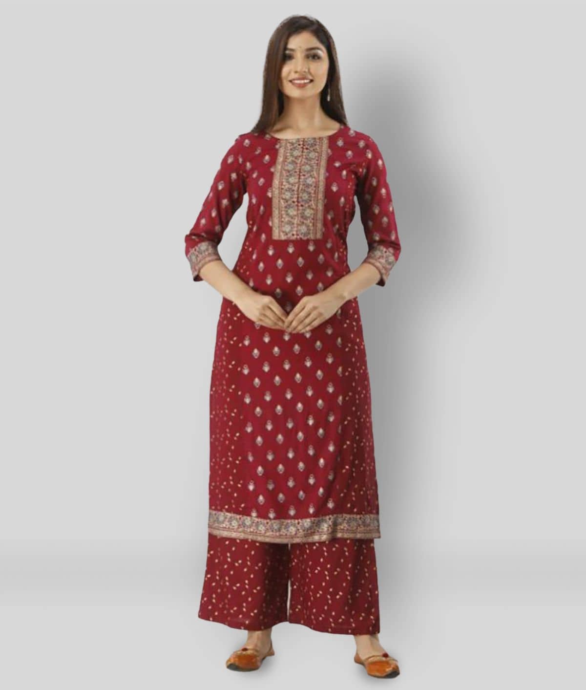 MAUKA - Maroon Straight Rayon Women's Stitched Salwar Suit ( Pack of 1 )