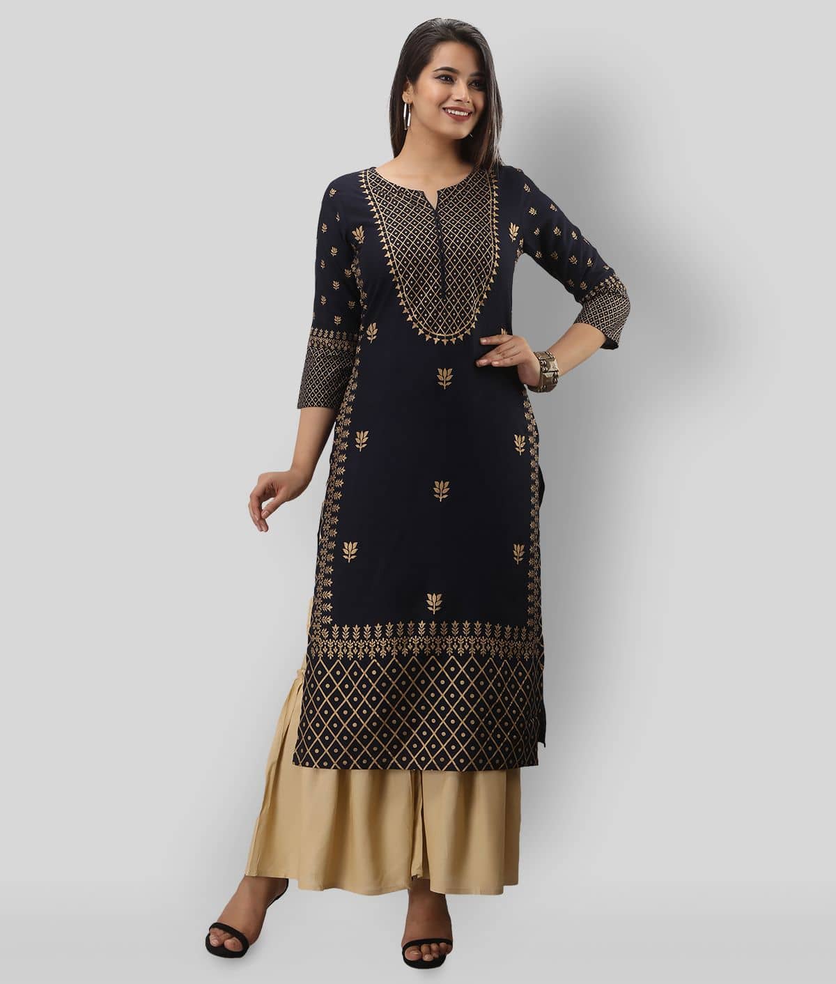 MAUKA - Navy Straight Rayon Women's Stitched Salwar Suit ( Pack of 1 )