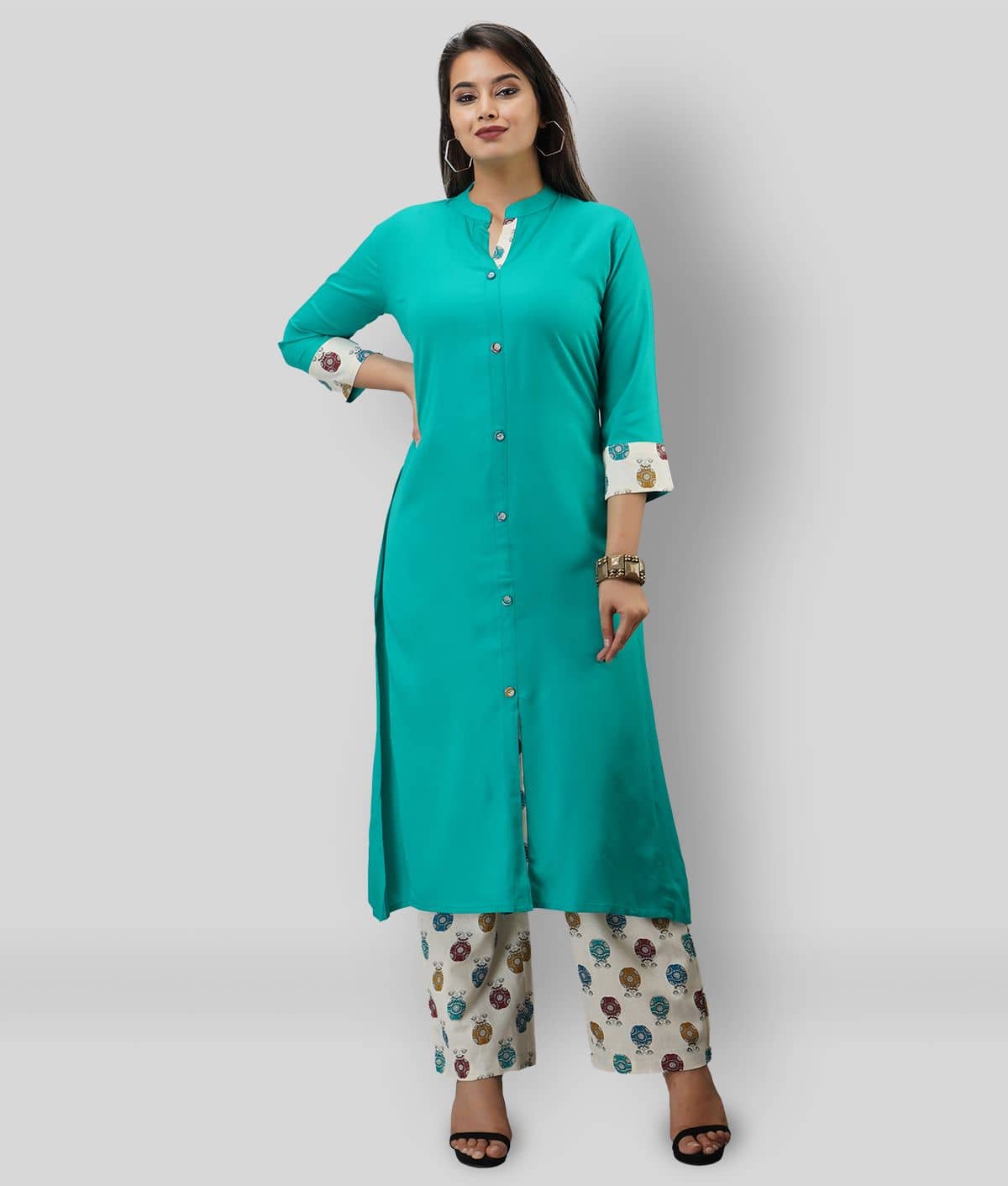 MAUKA - Turquoise Straight Rayon Women's Stitched Salwar Suit ( Pack of 1 )