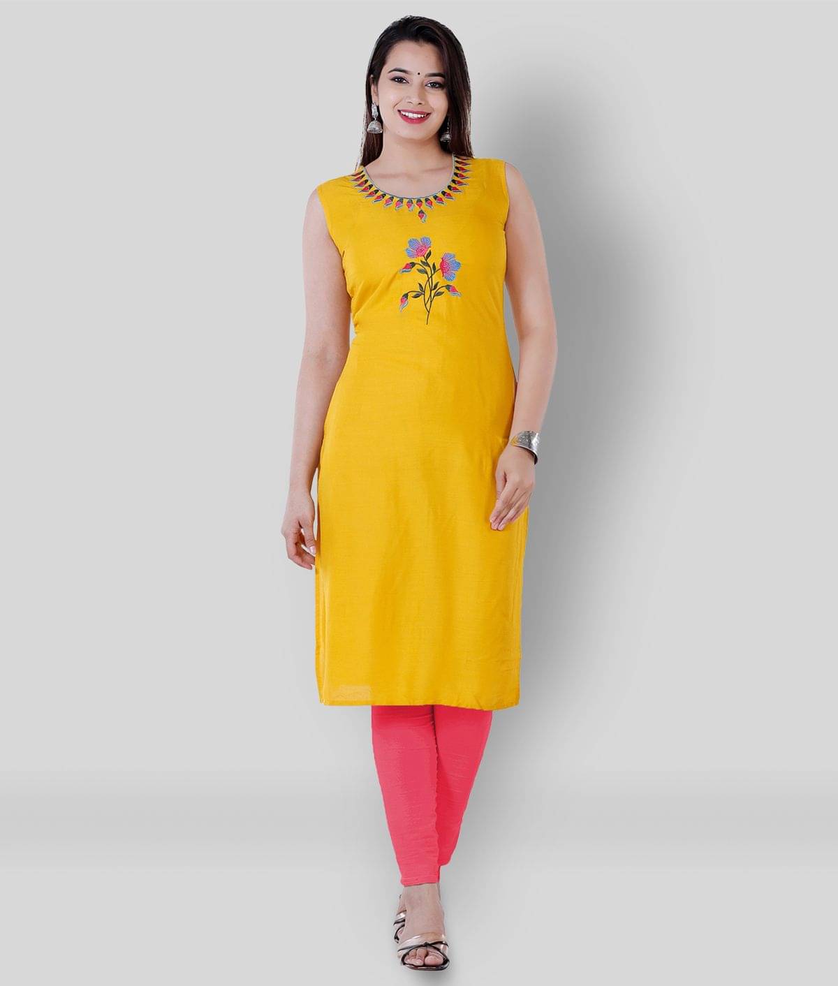 P PRIYA FASHION - Yellow Rayon Women's Straight Kurti ( Pack of 1 ) P PRIYA FASHION - Yellow Rayon Women's Straight Kurti ( Pack of 1 )
