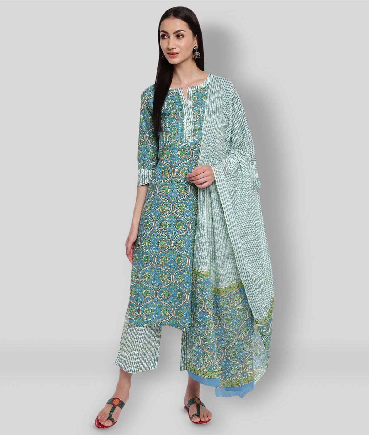     			Vbuyz - Blue Straight Cotton Women's Stitched Salwar Suit ( Pack of 1 )