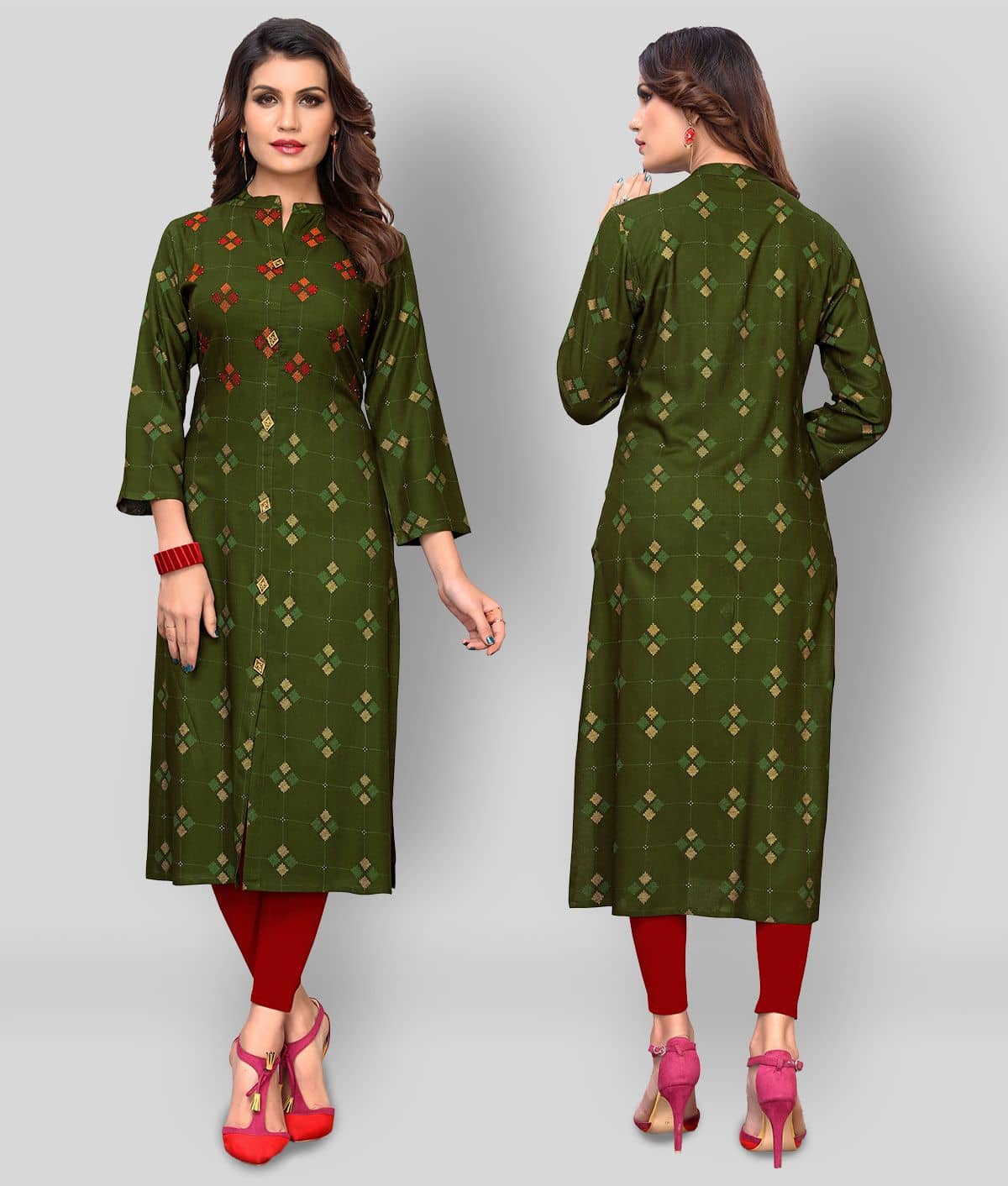 Vbuyz - Green Rayon Women's Front Slit Kurti ( Pack of 1 ) - Kurtis, Tunics | Buy online on ZillyBuy