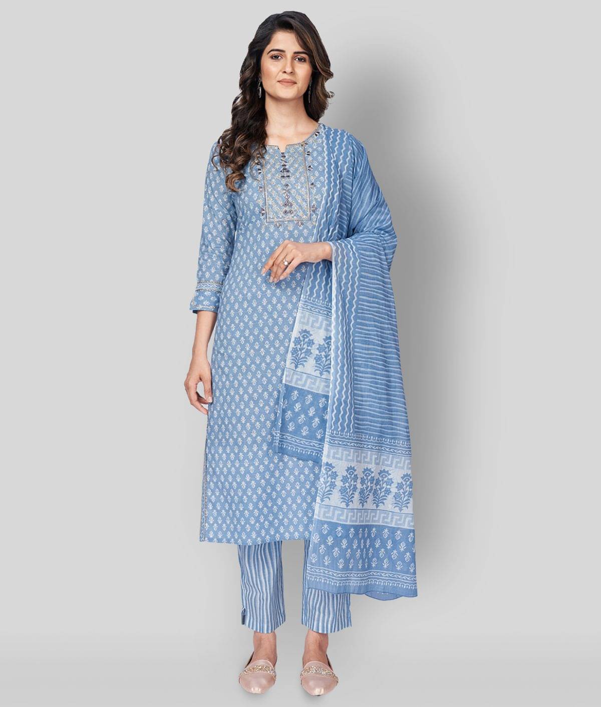     			Vbuyz - Light Blue Straight Cotton Women's Stitched Salwar Suit ( Pack of 1 )