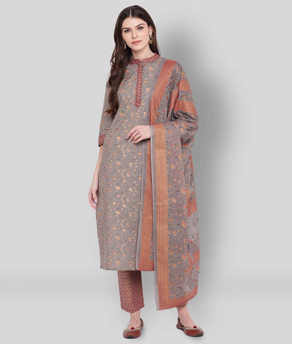     			Vbuyz - Light Grey Straight Cotton Women's Stitched Salwar Suit ( Pack of 1 )