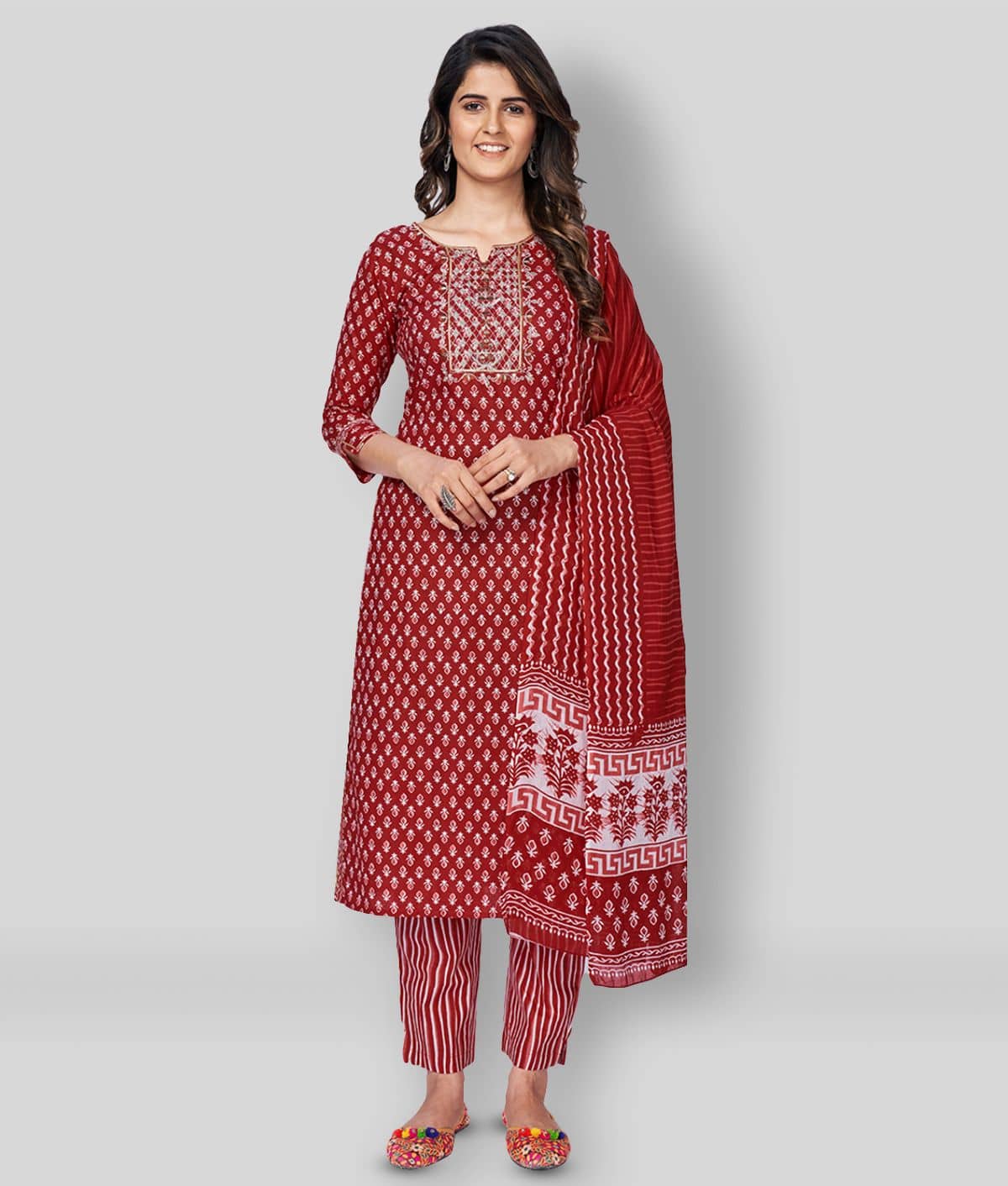 Vbuyz - Red Straight Cotton Women's Stitched Salwar Suit ( Pack of 1 )
