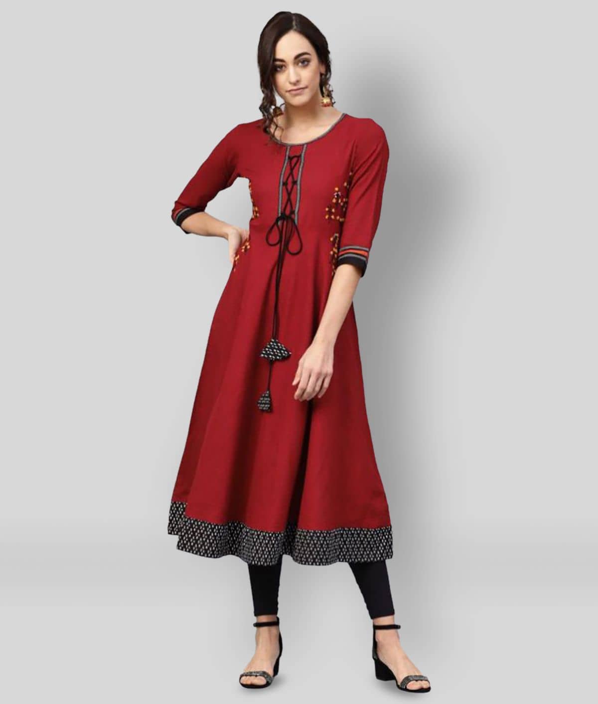 Yash Gallery Pack of 1 Cotton Embroidered Flared Women's Kurti - ( Maroon ) - Kurtis, Tunics | Buy online on ZillyBuy