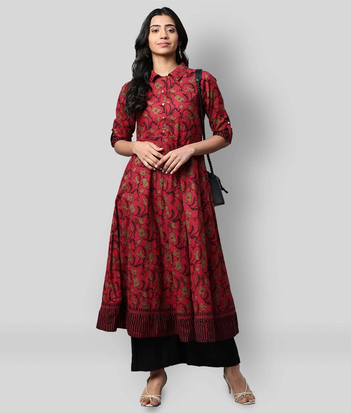 Yash Gallery Pack of 1 Cotton Printed Anarkali Women's Kurti - ( Maroon ) Yash Gallery Pack of 1 Cotton Printed Anarkali Women's Kurti - ( Maroon )