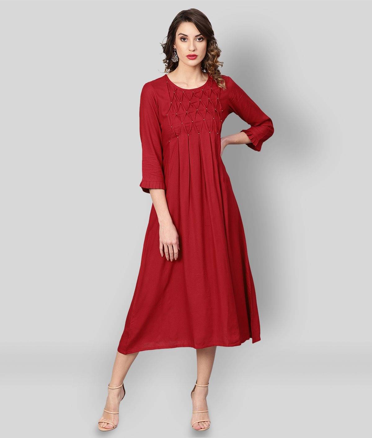 Yash Gallery Pack of 1 Rayon Embellished Flared Women's Kurti - ( Maroon ) Yash Gallery Pack of 1 Rayon Embellished Flared Women's Kurti - ( Maroon )