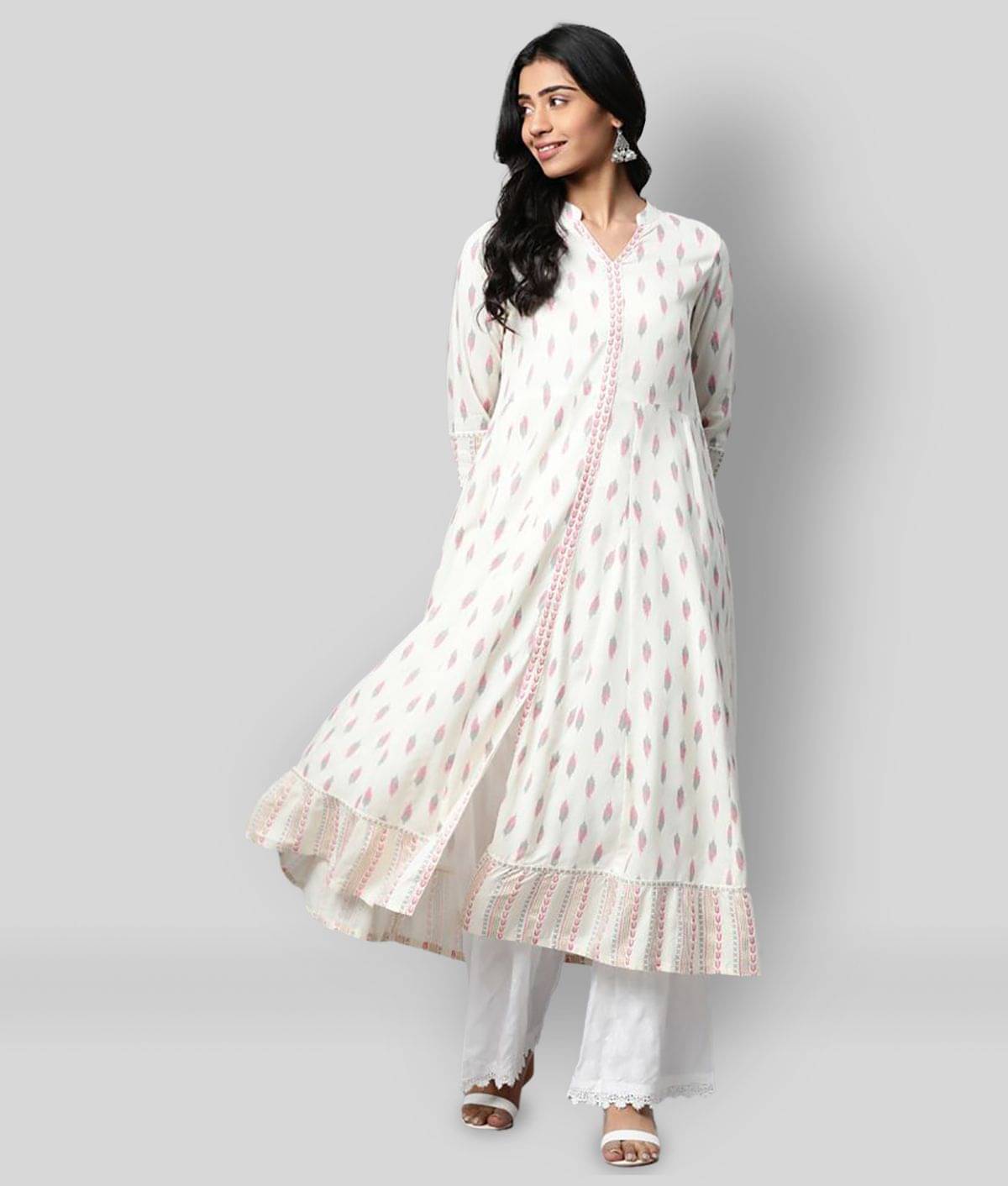 Yash Gallery Pack of 1 Rayon Printed Front Slit Women's Kurti - ( White ) Yash Gallery Pack of 1 Rayon Printed Front Slit Women's Kurti - ( White )