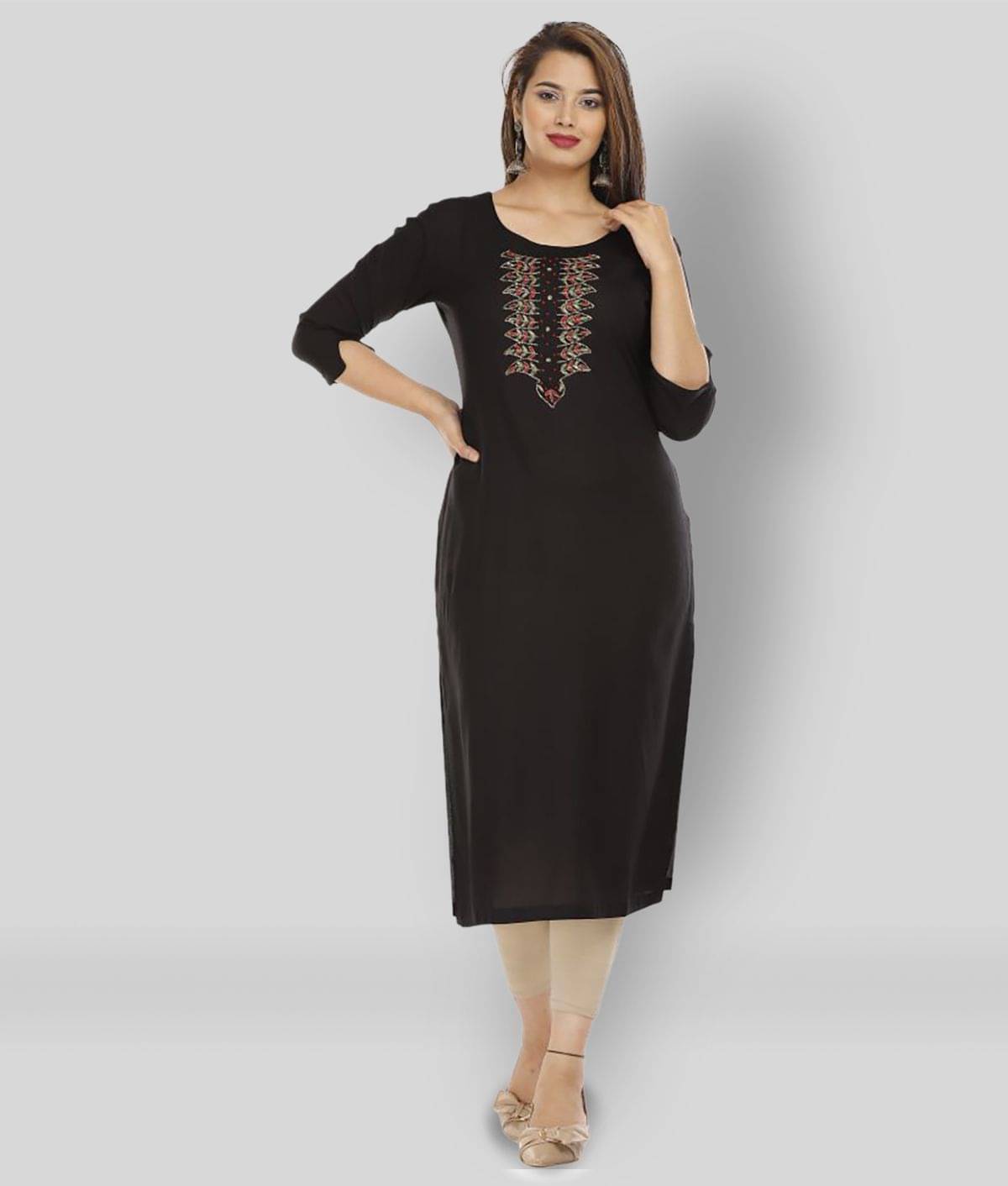 HIGHLIGHT FASHION EXPORT - Black Rayon Women's Straight Kurti ( Pack of 1 ) HIGHLIGHT FASHION EXPORT - Black Rayon Women's Straight Kurti ( Pack of 1 )