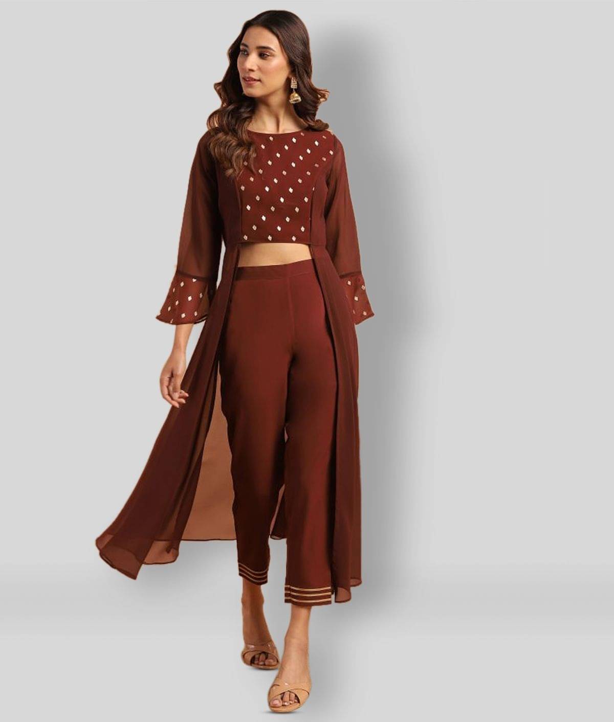     			Janasya Women Embellished Top With Trousers Co-Ord Set ( Brown )