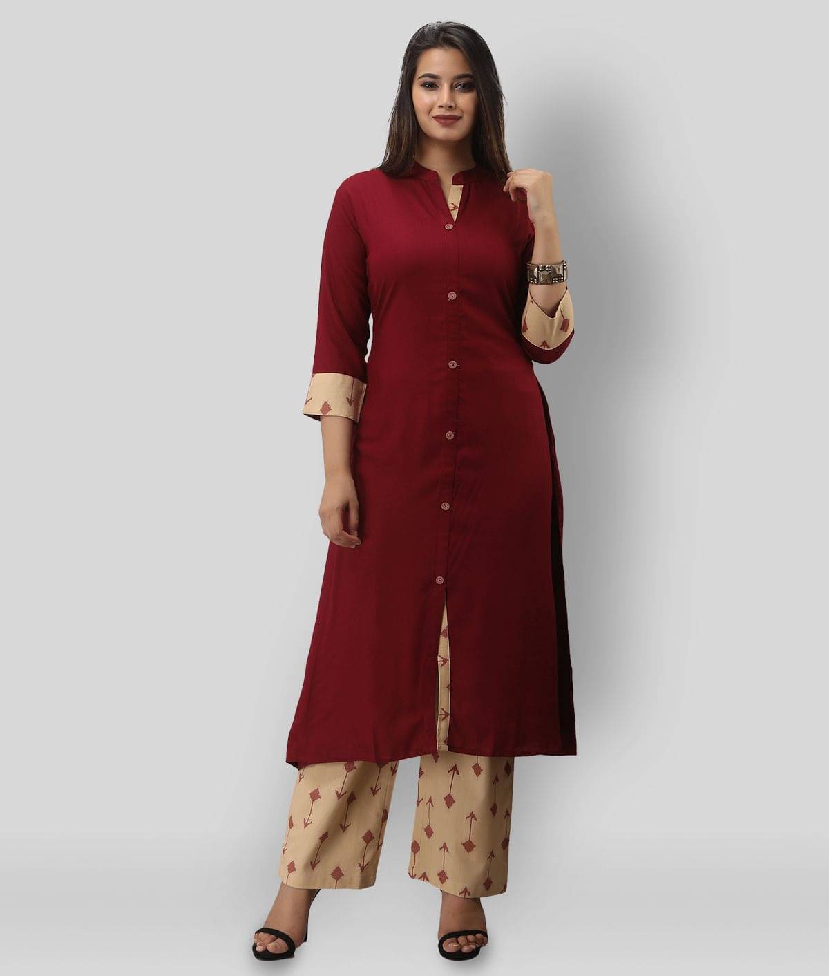MAUKA - Maroon Front Slit Rayon Women's Stitched Salwar Suit ( Pack of 1 ) MAUKA - Maroon Front Slit Rayon Women's Stitched Salwar Suit ( Pack of 1 )