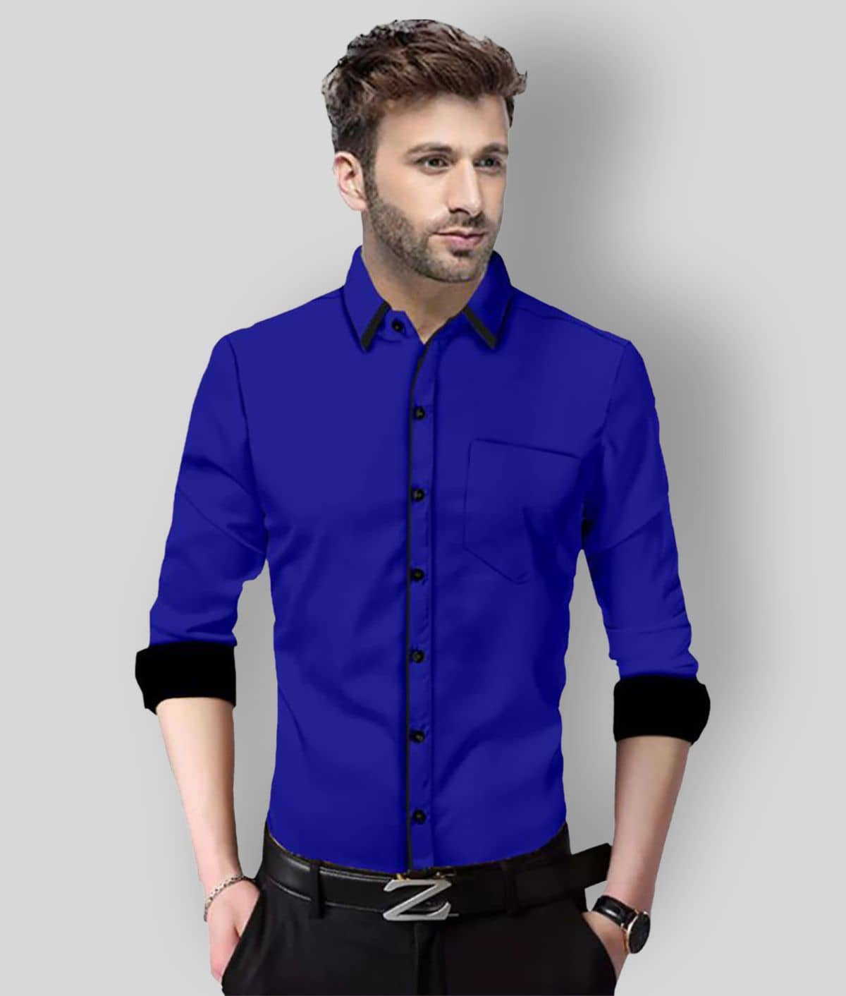 P&V Cotton Blend Slim Fit Solids Full Sleeves Men's Casual Shirt - Blue ( Pack of 1 )