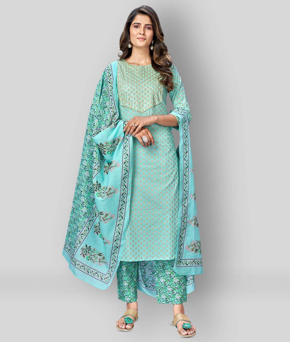     			Vbuyz - Blue Straight Cotton Women's Stitched Salwar Suit ( Pack of 1 )
