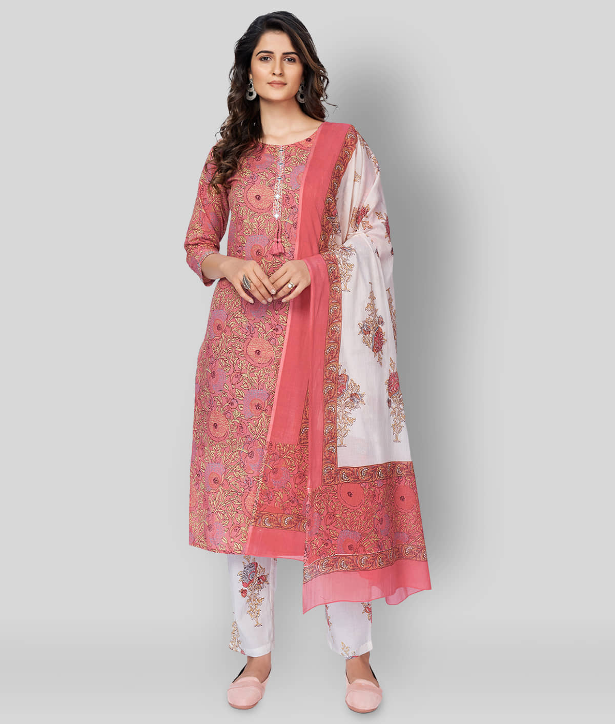 Vbuyz - Pink Straight Cotton Women's Stitched Salwar Suit ( Pack of 1 )