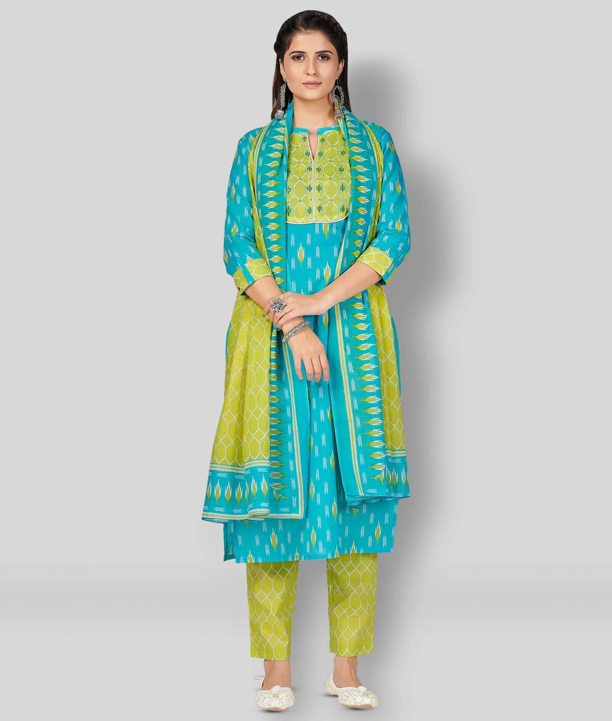 Vbuyz - Turquoise Straight Cotton Women's Stitched Salwar Suit ( Pack of 1 )