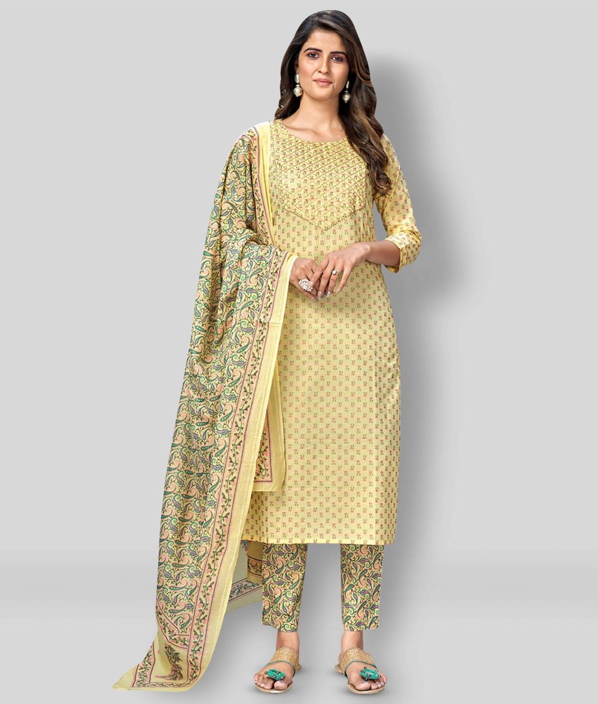 Vbuyz - Yellow Straight Cotton Women's Stitched Salwar Suit ( Pack of 1 )     			Vbuyz - Yellow Straight Cotton Women's Stitched Salwar Suit ( Pack of 1 )