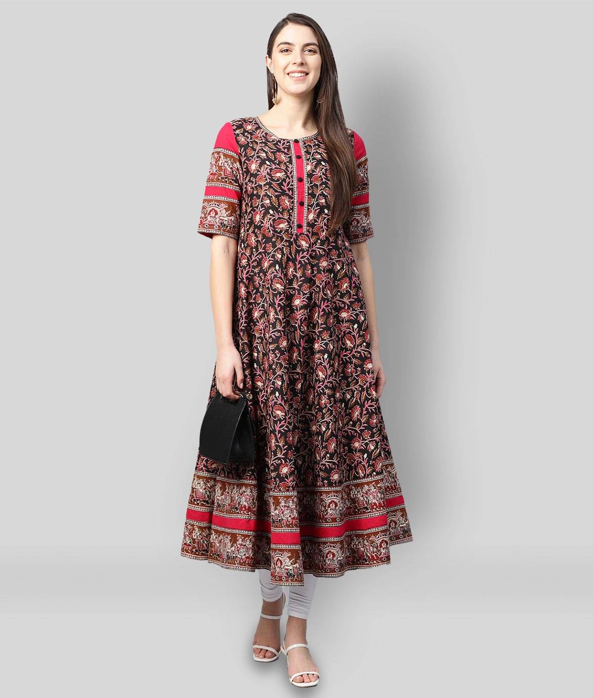 Yash Gallery Pack of 1 Cotton Printed Flared Women's Kurti - ( Black )     			Yash Gallery Pack of 1 Cotton Printed Flared Women's Kurti - ( Black )
