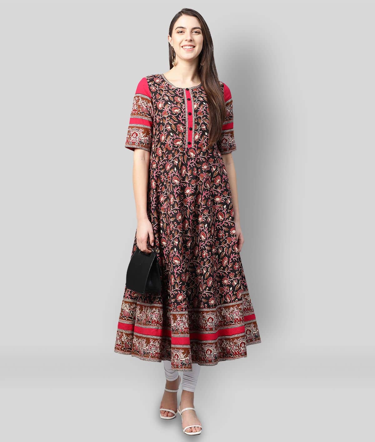 Yash Gallery Pack of 1 Cotton Printed Flared Women's Kurti - ( Black ) - Kurtis, Tunics | Buy online on ZillyBuy