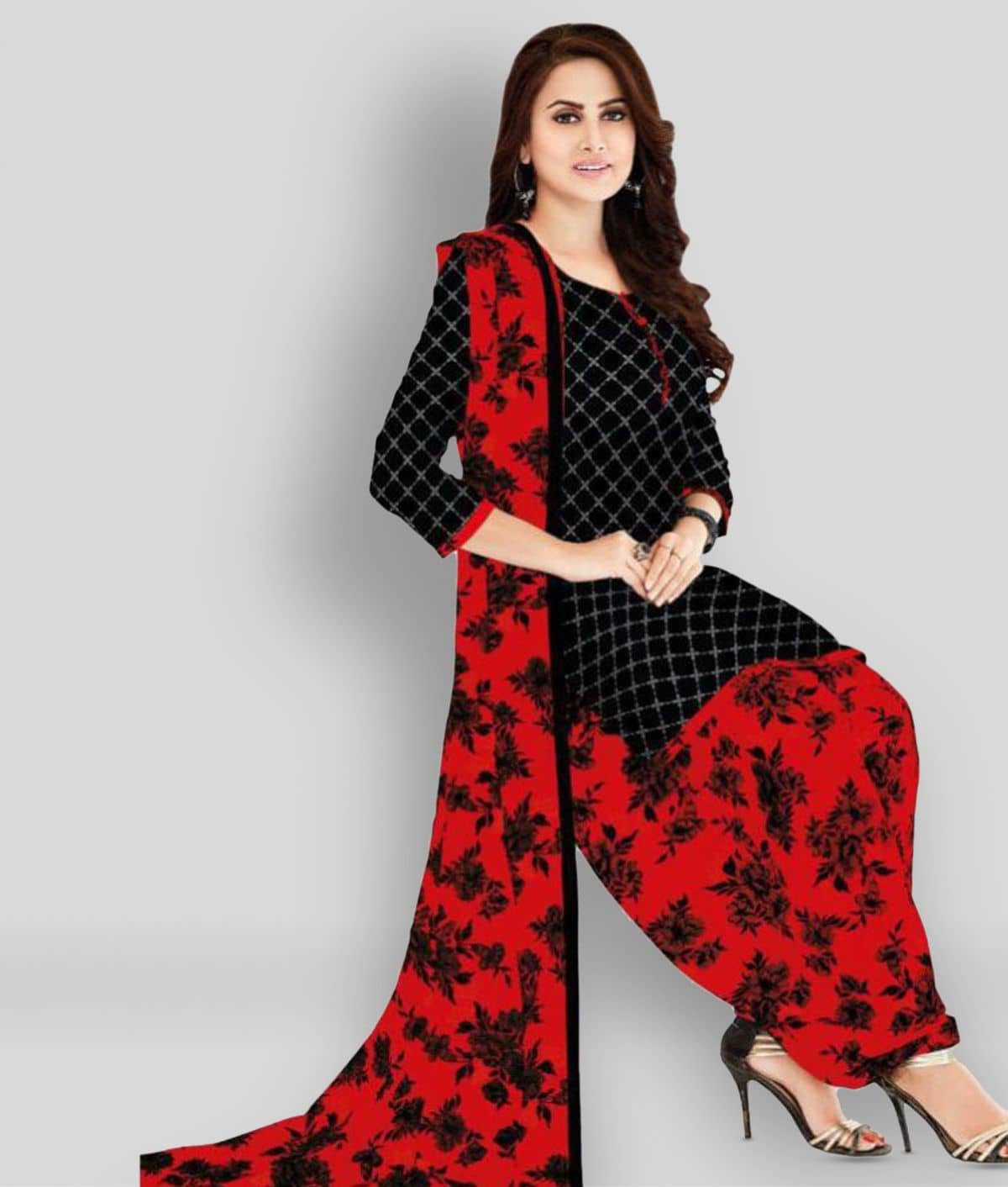 shree jeenmata collection Black,Red Cotton Unstitched Dress Material - Unstitched Fabrics | Buy online on ZillyBuy