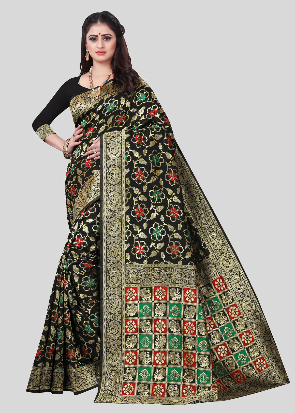 Gazal Fashions Banarasi Silk Printed Saree With Unstitched Blouse Piece ( Black ) - Sarees | Buy online on ZillyBuy