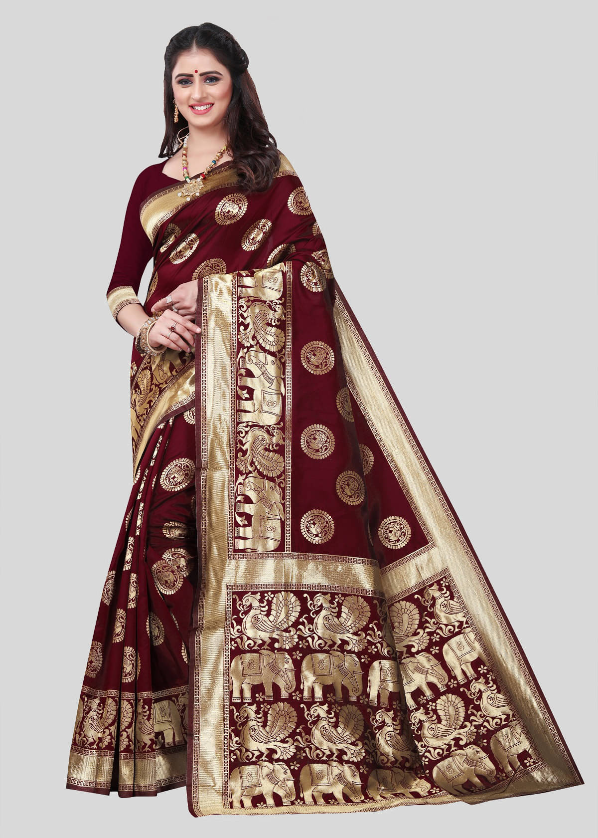Gazal Fashions Banarasi Silk Embellished Saree With Unstitched Blouse Piece ( Maroon ) Gazal Fashions Banarasi Silk Embellished Saree With Unstitched Blouse Piece ( Maroon )