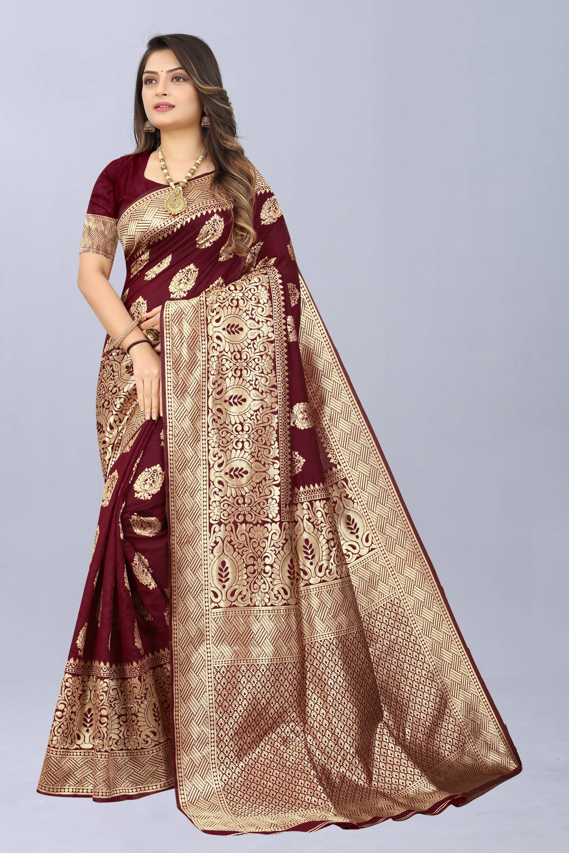 NENCY FASHION Banarasi Silk Embellished Saree With Unstitched Blouse Piece ( Maroon ) NENCY FASHION Banarasi Silk Embellished Saree With Unstitched Blouse Piece ( Maroon )