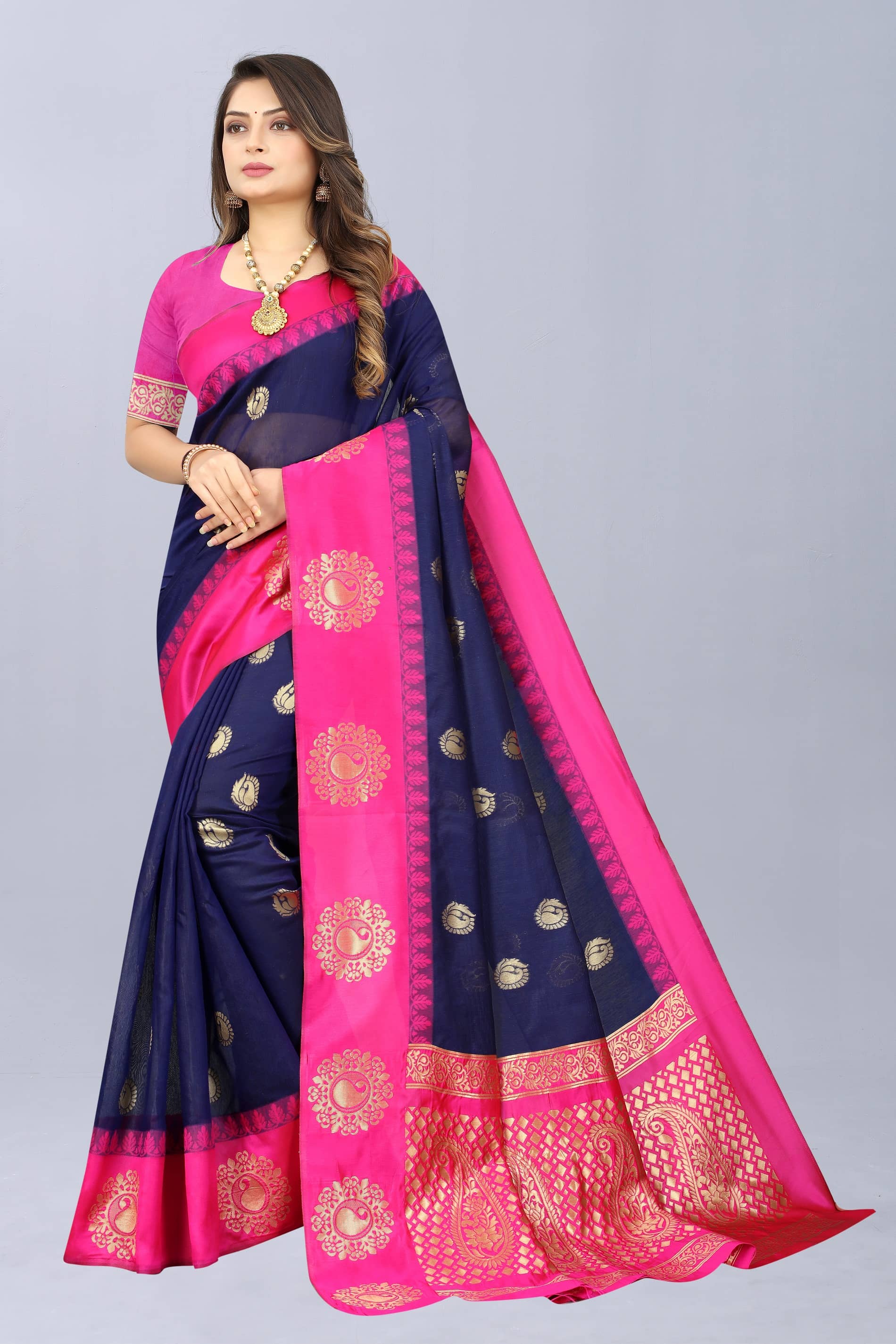 NENCY FASHION Cotton Embellished Saree Without Blouse Piece ( Rani ) - Sarees | Buy online on ZillyBuy
