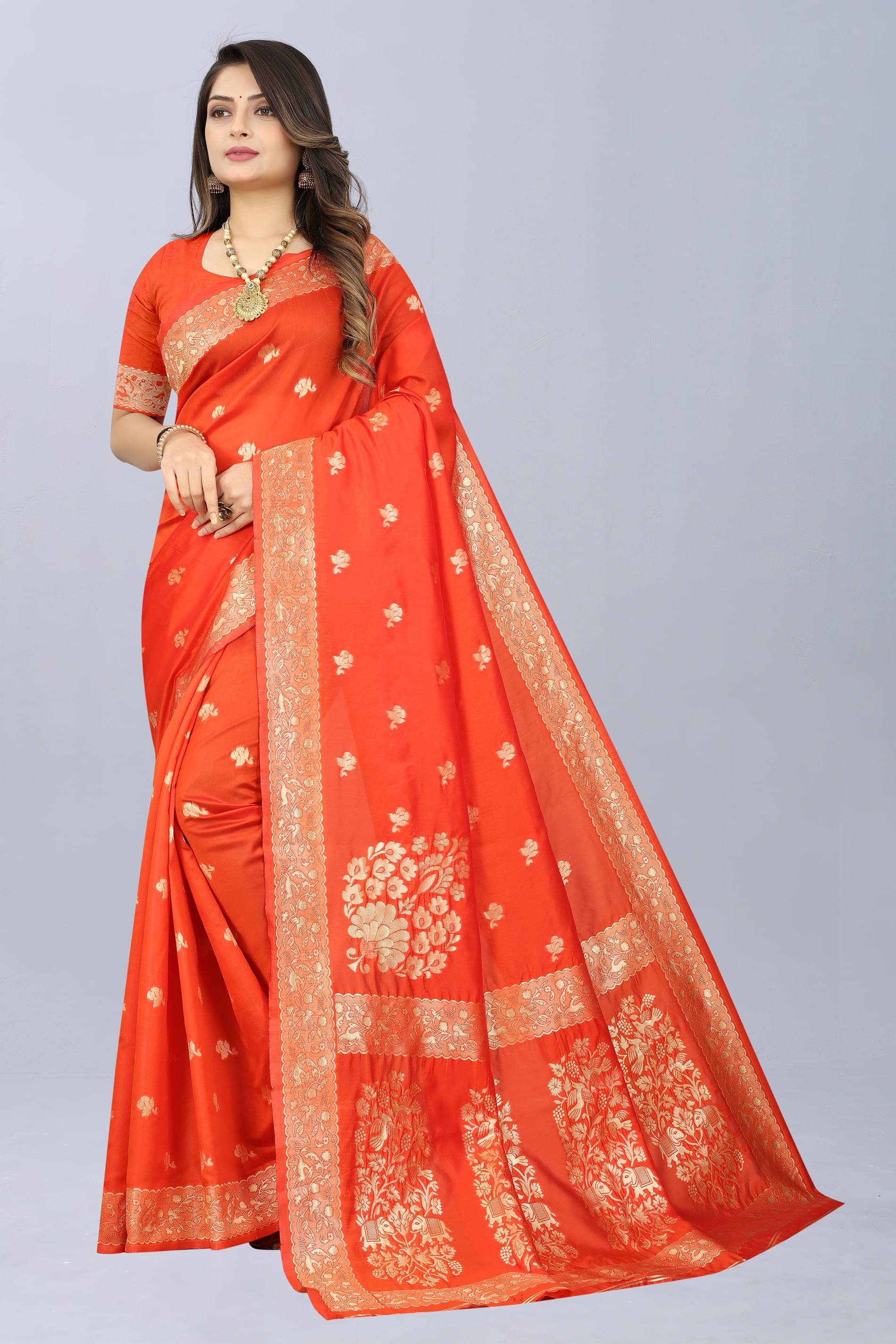 NENCY FASHION Banarasi Silk Embellished Saree With Unstitched Blouse Piece ( Orange )     			NENCY FASHION Banarasi Silk Embellished Saree With Unstitched Blouse Piece ( Orange )