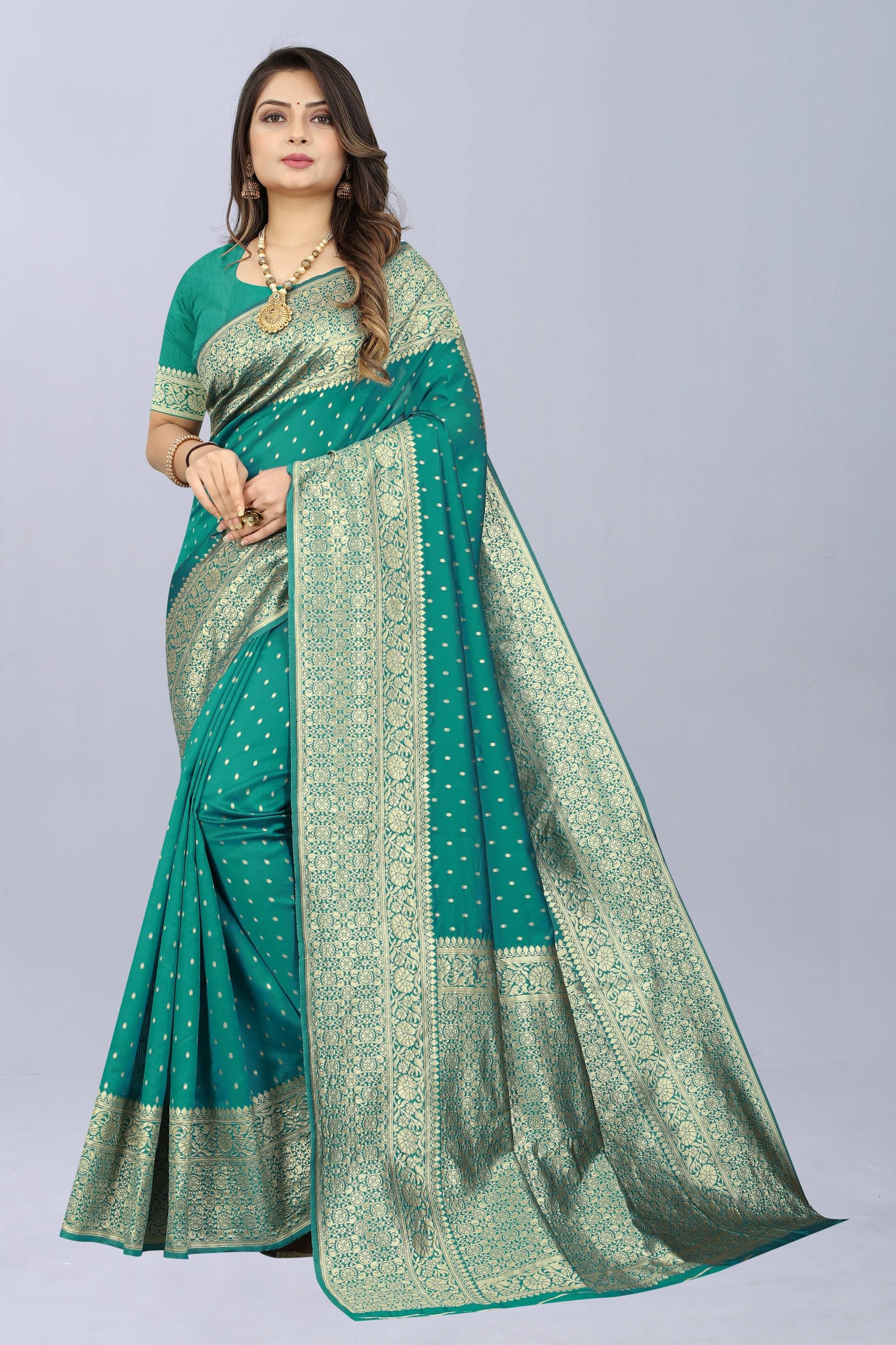 NENCY FASHION Banarasi Silk Embellished Saree With Unstitched Blouse Piece ( Rama ) NENCY FASHION Banarasi Silk Embellished Saree With Unstitched Blouse Piece ( Rama )
