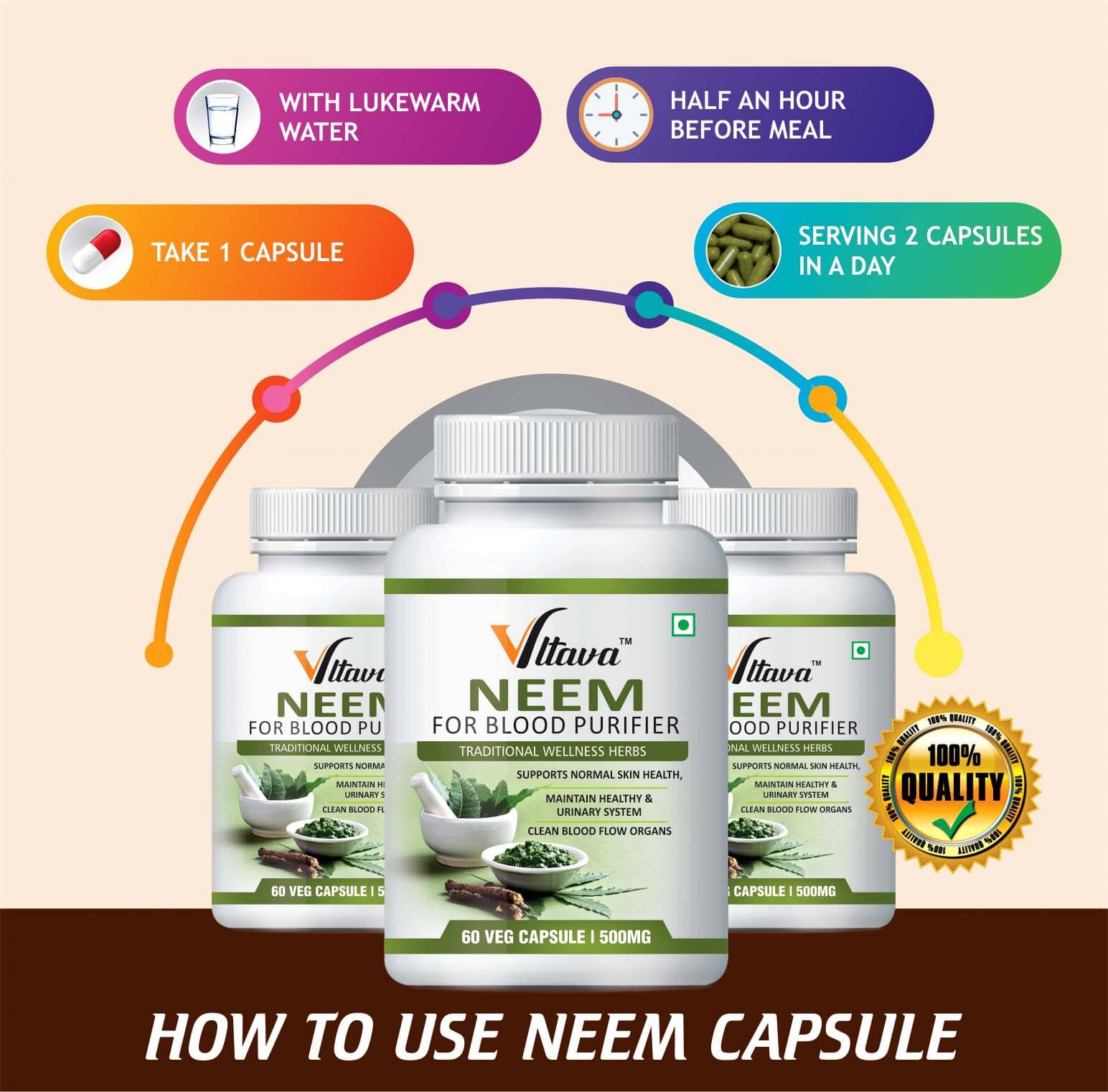 Vltava Neem Skin Care with Nature,Treats Skin Infection & Glowing Skin 180 mg Unfalvoured Minerals Capsule Pack of 3 Vltava Neem Skin Care with Nature,Treats Skin Infection & Glowing Skin 180 mg Unfalvoured Minerals Capsule Pack of 3