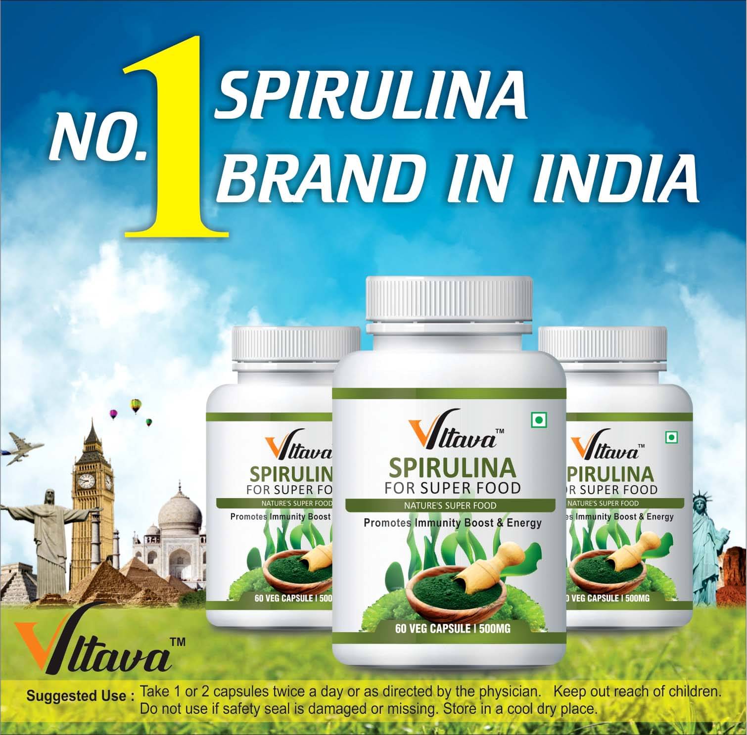    			Vltava Spirulina Tablets - Most Bio-available Protein & Nutri-Dense Nutrition Food 180 mg Unflavoured Minerals Capsule Pack of 3