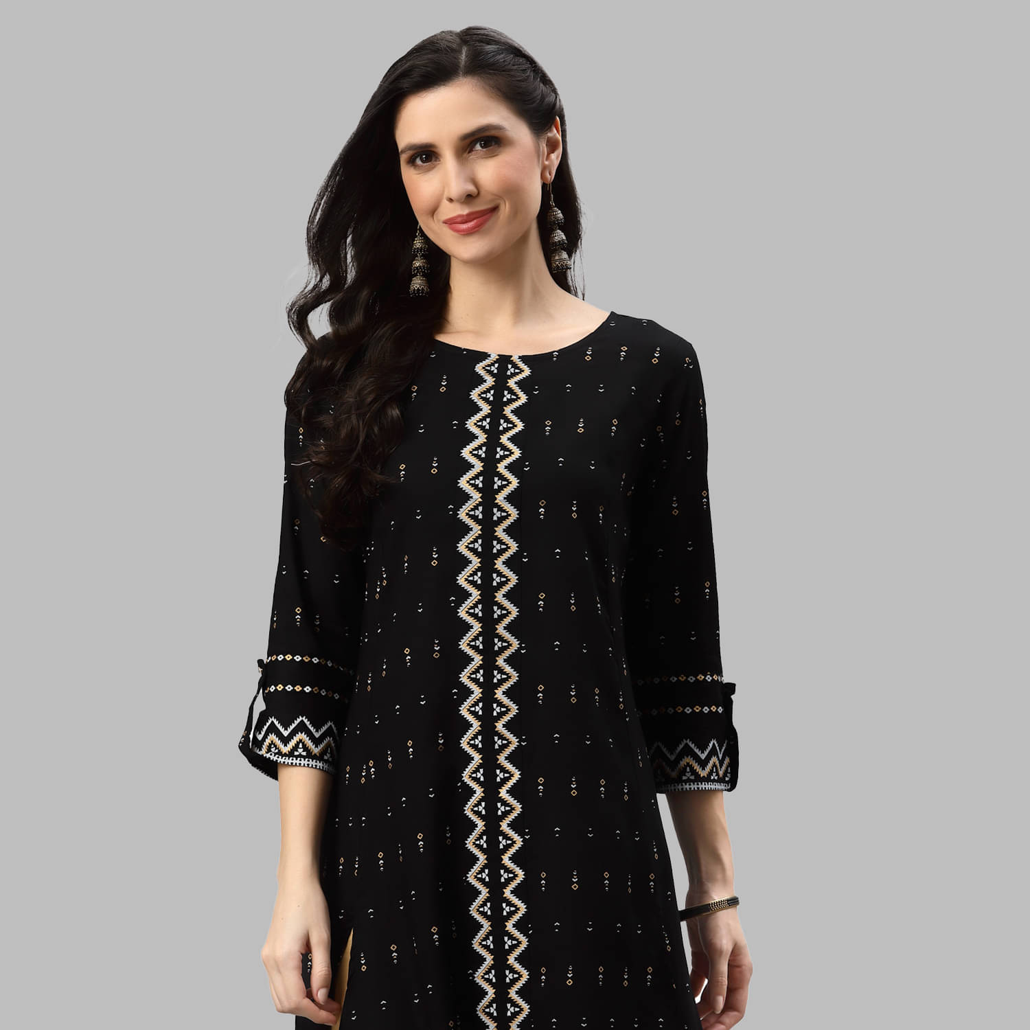 Yash Gallery - Black Cotton Women's A-line Kurti ( Pack of 1 ) Yash Gallery - Black Cotton Women's A-line Kurti ( Pack of 1 )
