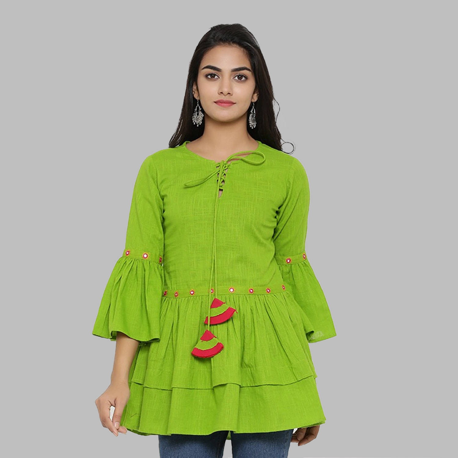     			Yash Gallery Women's Cotton Tiered Top ( Green )