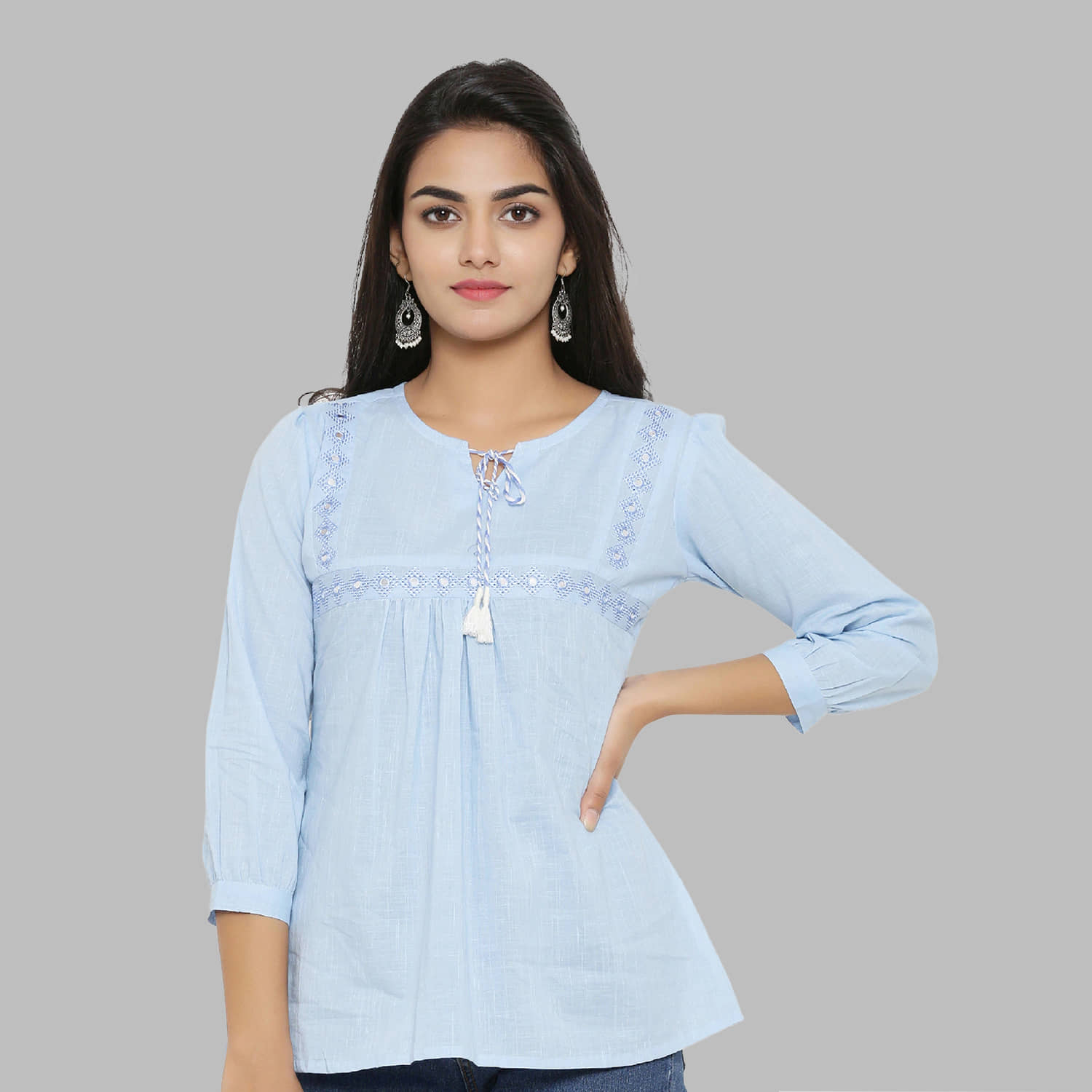 Yash Gallery Women's Cotton A-Line Top ( Light Blue )