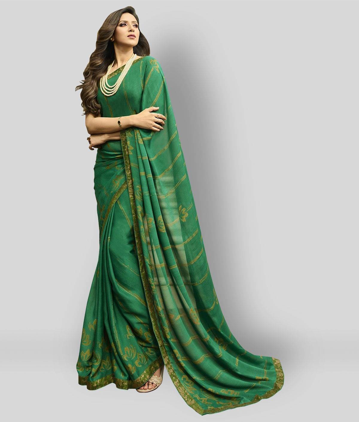 Gazal Fashions Chiffon Printed Saree With Unstitched Blouse Piece ( Green )     			Gazal Fashions Chiffon Printed Saree With Unstitched Blouse Piece ( Green )
