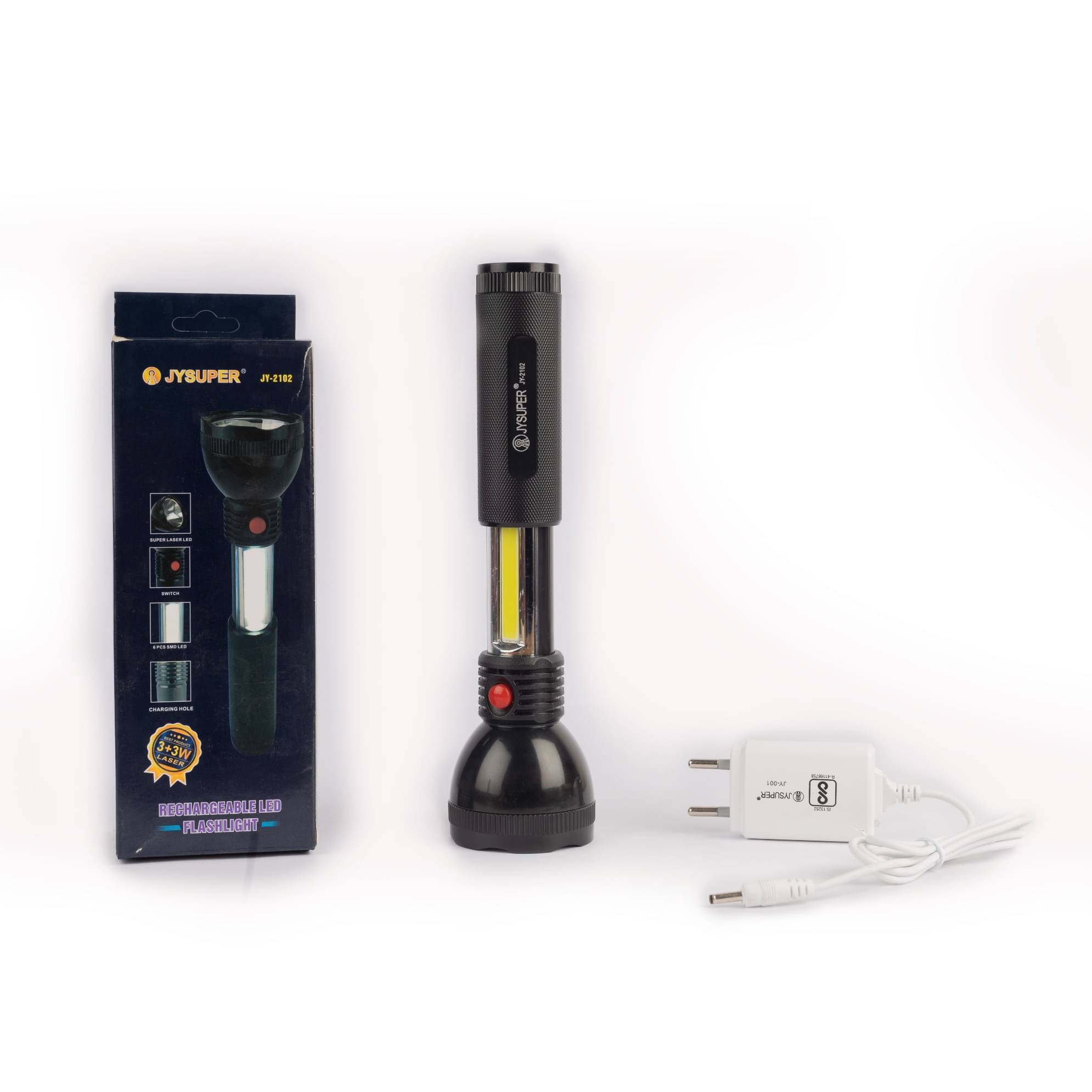 JY Super 2102 - 3W Rechargeable Flashlight Long Range LED Flashlight with Foldable 3W 6Pcs. SMD LED Emergency Light (Black)( Pack of 1 ) JY Super 2102 - 3W Rechargeable Flashlight Long Range LED Flashlight with Foldable 3W 6Pcs. SMD LED Emergency Light (Black)( Pack of 1 )