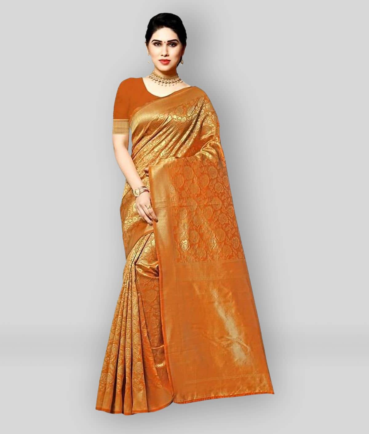 NENCY FASHION Banarasi Silk Printed Saree With Unstitched Blouse Piece ( Orange ) - Sarees | Buy online on ZillyBuy