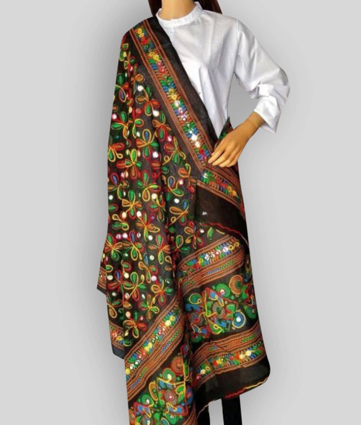 Raj Black Cotton Kutch Embroidered Dupatta - Dupattas & Shawls | Buy online on ZillyBuy