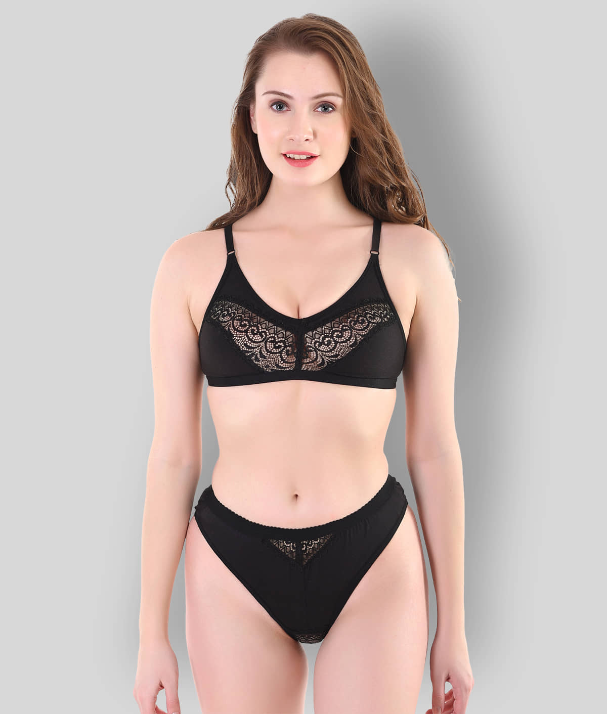 TCG Cotton Lycra Women's Bra & Panty Set ( Black )